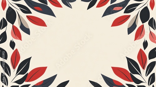 Red and dark leaves frame on beige background.