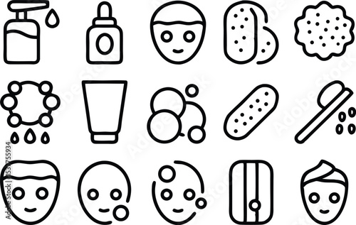 Collection of outline facial cleansing icons isolated on transparent background