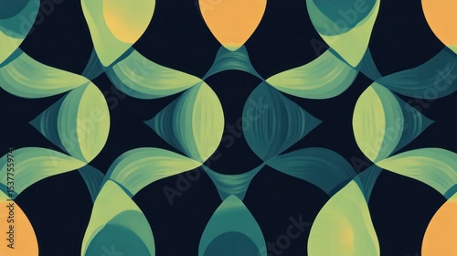 Abstract teal and orange pattern with a dark background, featuring repeating symmetrical shapes.