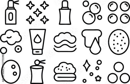 Facial cleansing icons outline style set for skincare routine isolated on transparent background