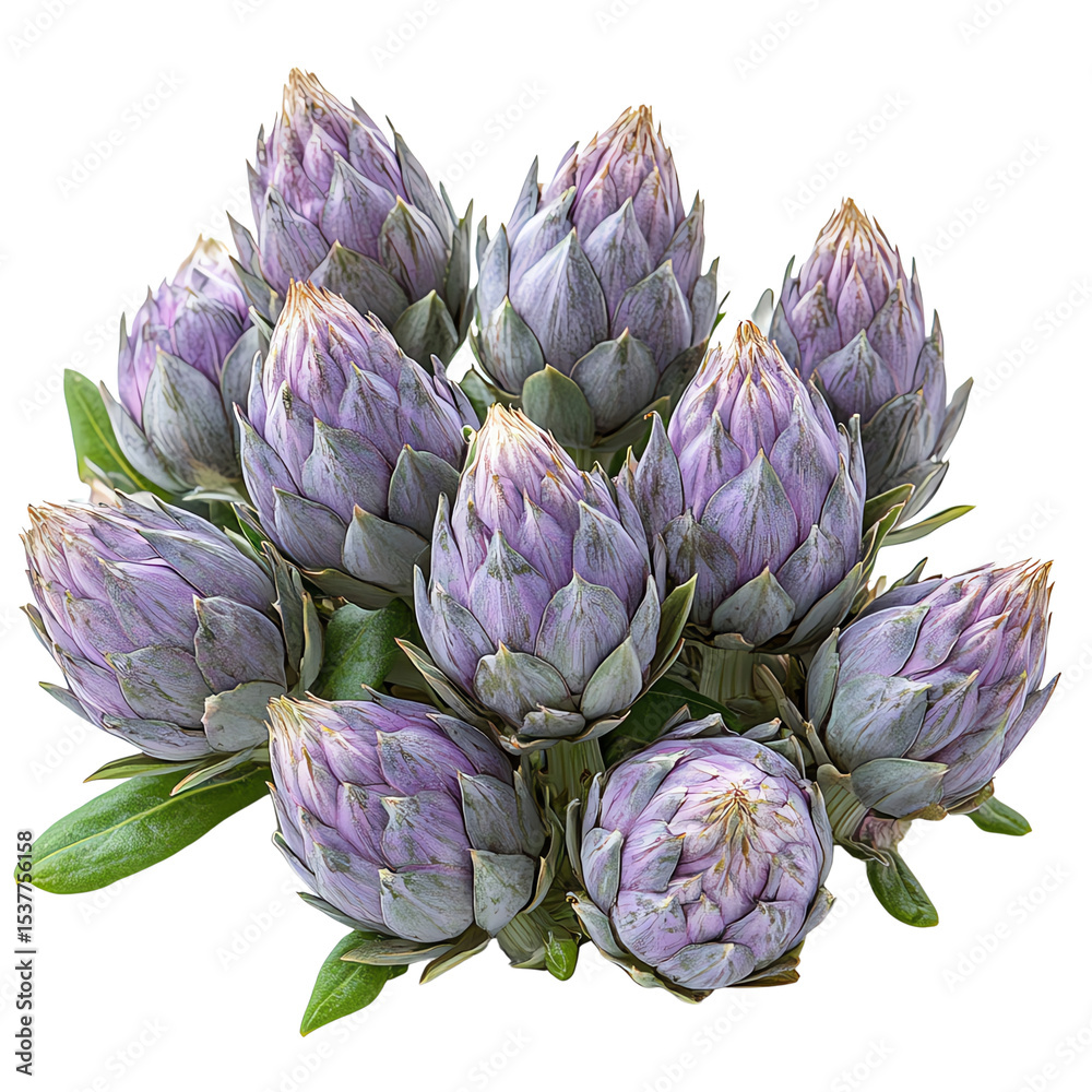 Fototapeta premium Isolated transparent A vibrant cluster of artichokes with purple hues and fresh green leaves. PNG die-cut element for advertising