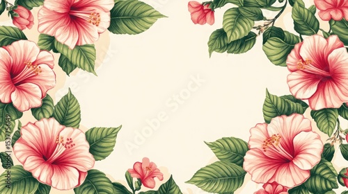Delicate hibiscus flowers and leaves create a floral border.