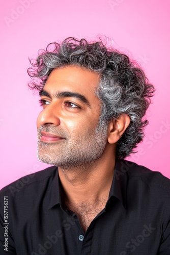 Chic men's wavy fringe haircut - midlife indian man with curly hair. Visual idea art of style for aging men. A graceful man with a warm and welcoming smile. Pink solid background.