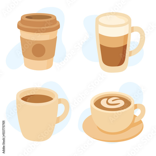Different coffee cups display a range of popular coffee beverages in a clean design, perfect for coffee lovers and aesthetic enthusiasts alike.
