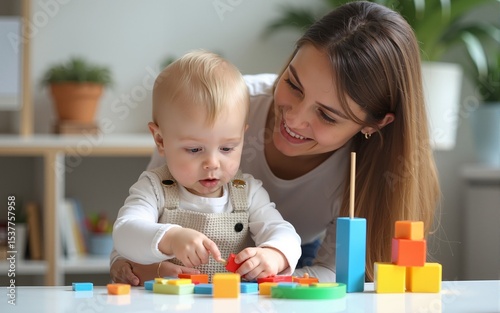 Creative learning game. Playful parent-child interaction. teacher or mother playing with baby with logical toys at home interior. High quality