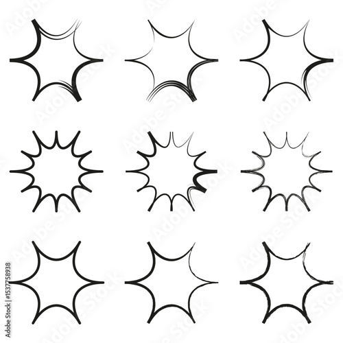 Sunburst icon shape. Radiant vector graphic. Light spark symbol. Star flare element.