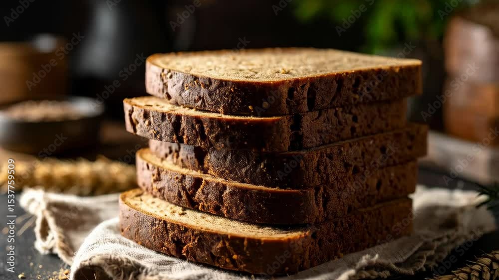 Stack of sliced dark rye bread loafs on a linen cloth, on wooden table with a bowl of grains and wheat stalk, rustic and natural light
