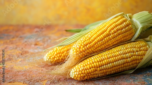 Freshly harvested corn cobs on a rustic surface