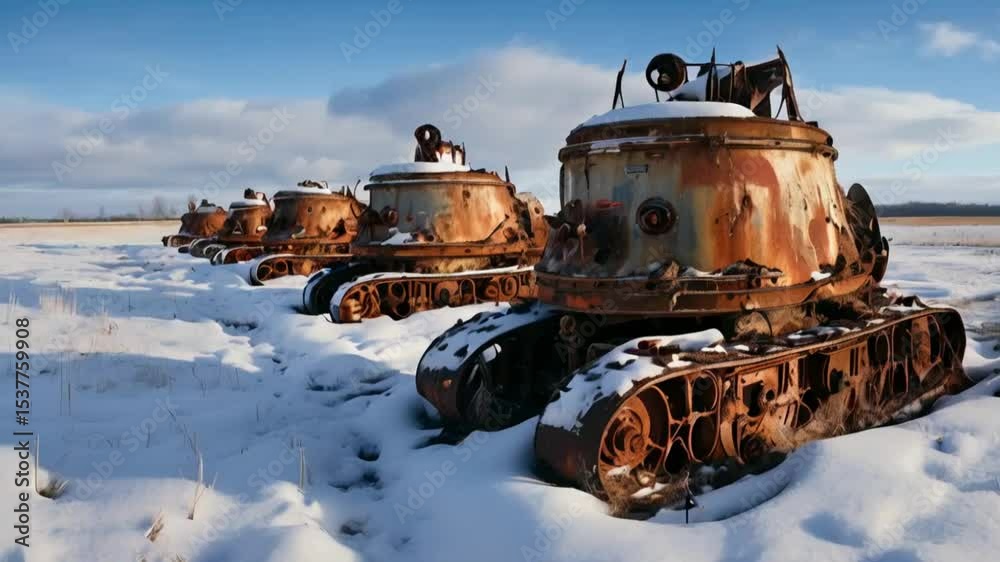 Old and rusty tanks are scattered across a snowy field, creating a striking contrast between the cold winter landscape and the decaying machinery.