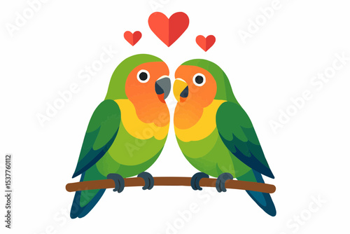 Two lovebirds perched on a branch with hearts floating above them in a cute cartoon illustration