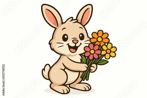 Cartoonish bunny holding a bouquet of colorful flowers with a cheerful expression on its face today