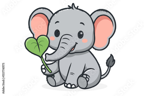 Cartoon elephant sitting holding a heart shaped green leaf with pink cheeks and big gray ears