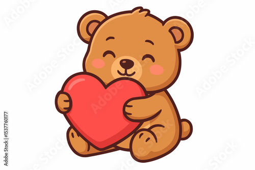A cartoon bear sitting and holding a red heart with both paws and a happy expression on its face