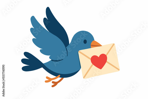 Illustration of a blue bird in flight carrying a love letter with a red heart on a white background