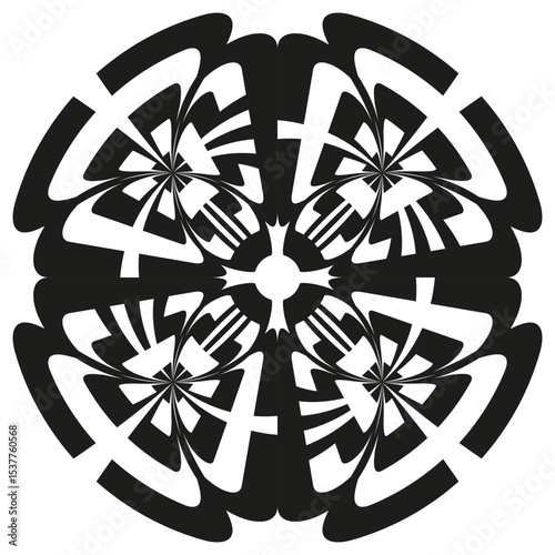 Mandala floral symbol. Kaleidoscope black shape. Abstract symmetry form. Vector complex element.