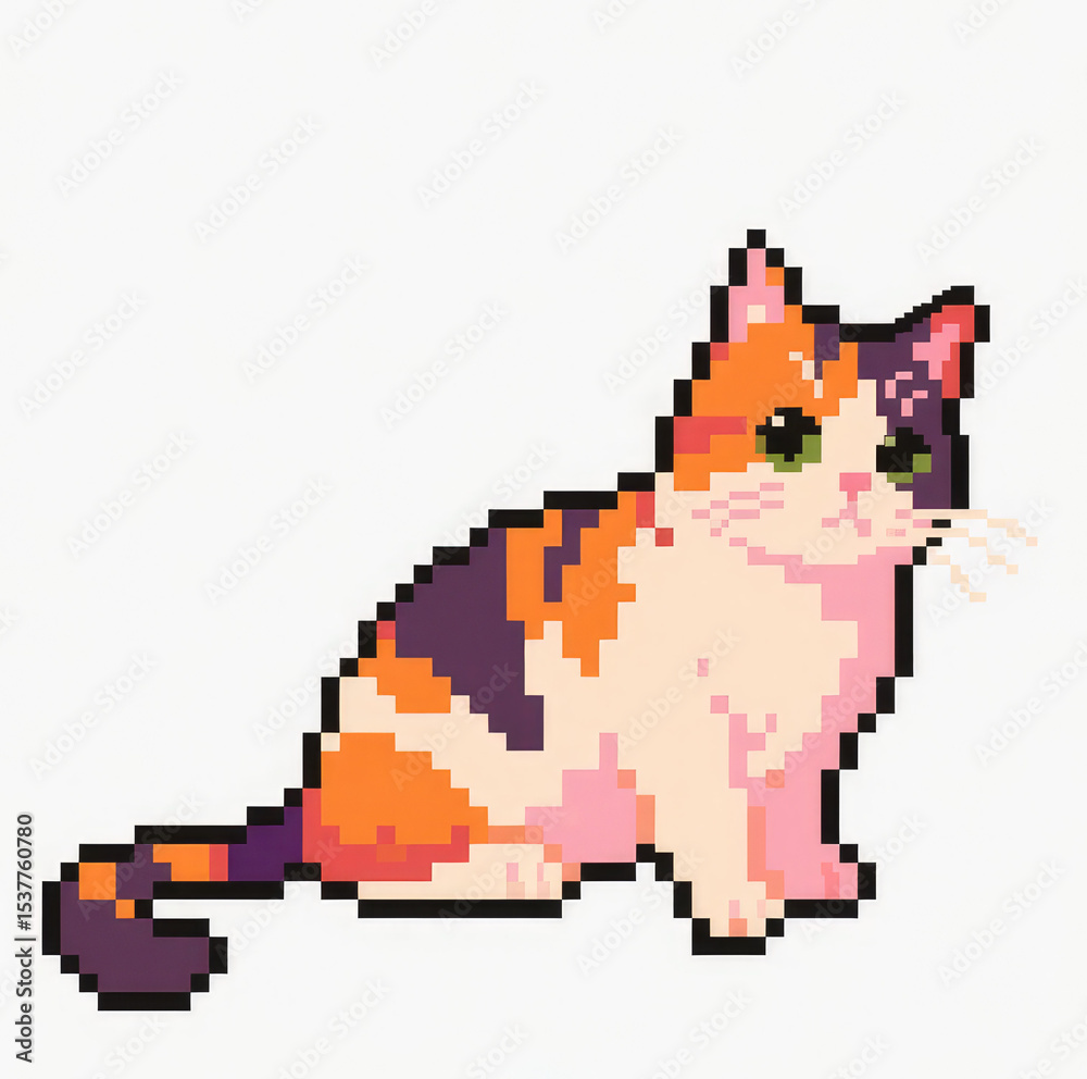 Fototapeta premium Pixel Art Calico Cat Sitting on White Background