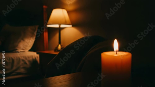 Serene Night Scene: Candlelight and Lamplight Create a Warm, Relaxing Ambiance in a Cozy Bedroom Setting, Perfect for a Peaceful Evening