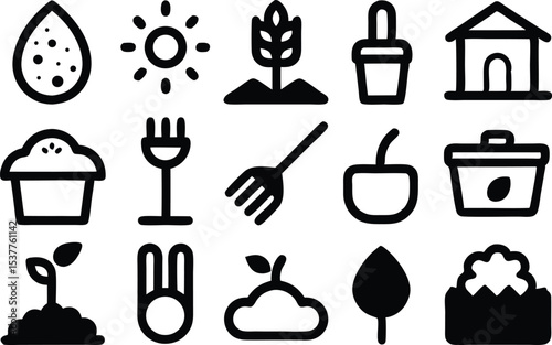 Farm composting outline icons set for sustainable agriculture practices isolated on transparent background