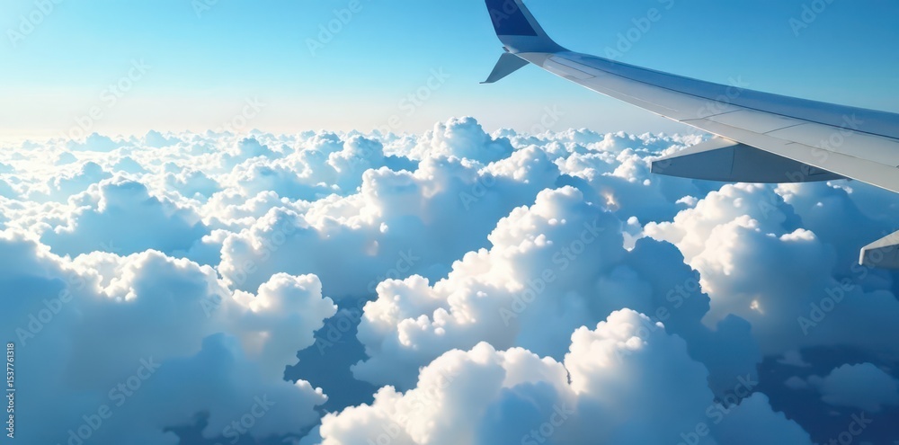 Obraz premium Vast expanse of fluffy clouds seen from airplane, atmosphere, majestic, panorama