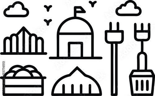 Farm composting outline icons set isolated on transparent background