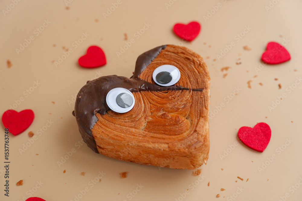 Φωτογραφία Funny food game face with crazy eyes April fool day joke Delightful and vibrant heartshaped pastry croissant treat, beautifully topped with colorful frosting galore