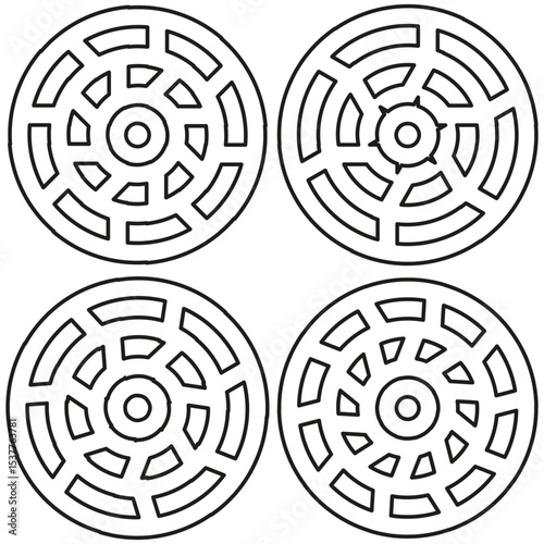 Circular maze icons. Rounded labyrinth symbol. Puzzle structure set. Vector navigation design.