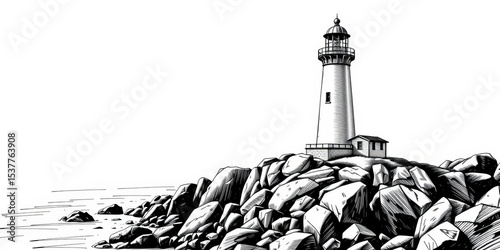 Black and white vector illustration of a lighthouse on a rocky sea coast, sketched landscape style, rocks, artwork