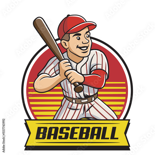 Vector Illustration of Baseball Player Carrying Baseball Bat with Detailed Retro Cartoon Available for Logo Badge