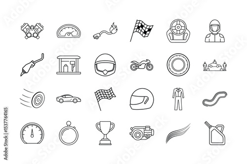 Motorsports Line Icons Set. Racing Car, Helmet, Speedometer, Checkered Flag, Pit Stop, Trophy, Track, Tire, Engine, Fuel, Outline Vector Illustration