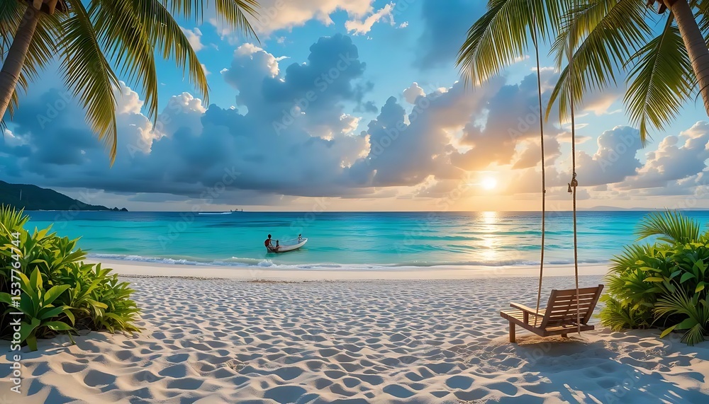 Obraz premium Tropical Beach Scene at Sunset with Swing and Boat on Water