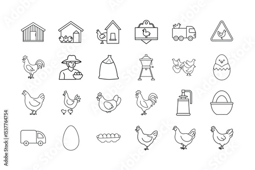 Poultry Farming Line Icons Set. Chicken, Hen, Rooster, Egg, Coop, Feed, Farmer, Broiler, Hatchling, Transport Truck, Outline Vector Illustration