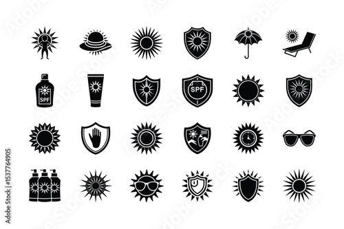 Sun Protection and SPF Icons Set . UV Shield, Sunscreen Bottle, Sunblock Cream, Sunglasses, Summer Safety, Skin Care, Sun Rays Vector Illustration