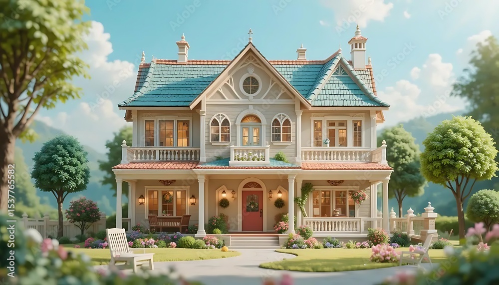 Obraz premium Inviting Home Exterior with Lush Garden and Gentle Sunlight