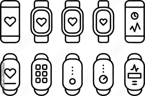 Fitness tracker outline icons set for smartwatch application isolated on transparent background