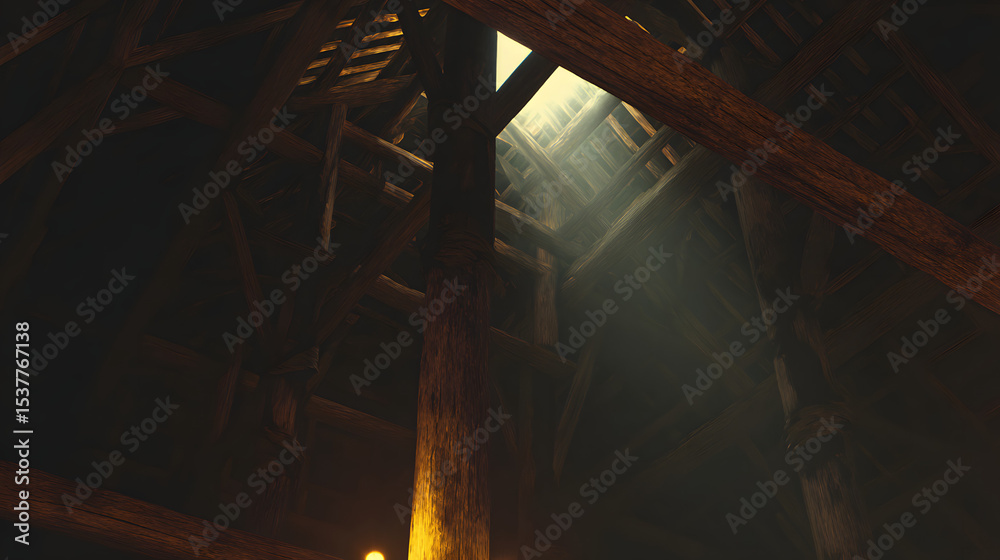 Obraz premium Celestial light embraces a rustic wooden structure, a serene night scene with gentle warmth