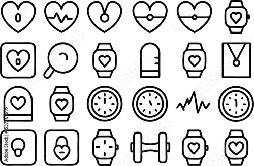 Fitness tracker outline icons set for smartwatch application isolated on transparent background