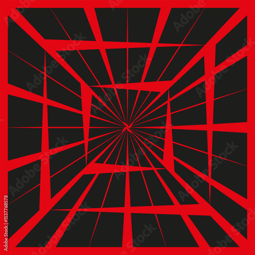 Red tunnel effect. Vector optical grid. Perspective depth illusion. Geometric black background