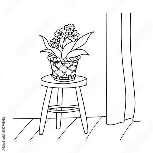 Black and white illustration of a potted plant on a stool next to a window curtain