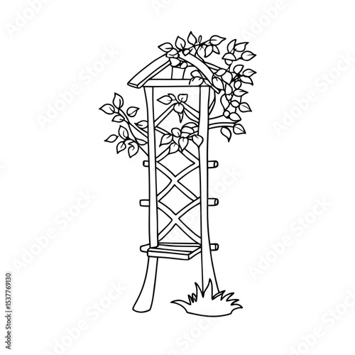 Black and white line drawing of a decorative garden trellis with climbing foliage.