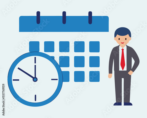 Business man observing time schedule and date planning with calendar and clock illustration.