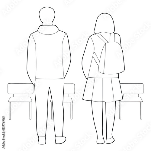 Back view illustration of a student and a schoolgirl standing near chairs in a classroom.
