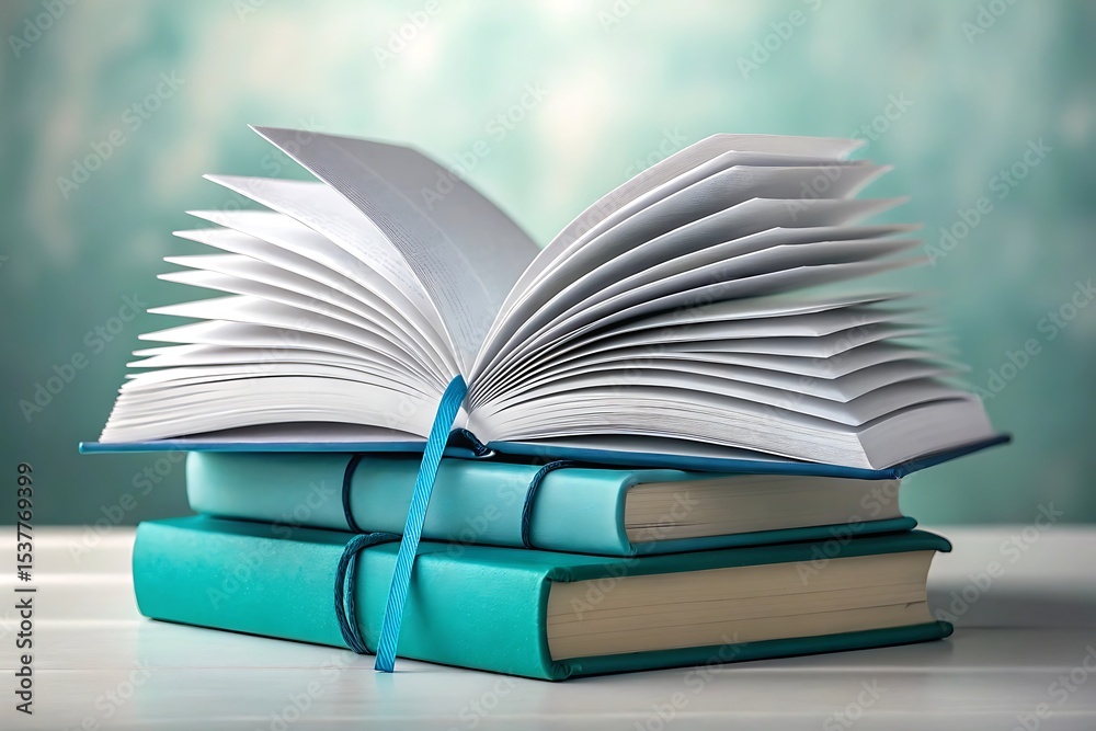 Fototapeta premium Open book stacked on teal books on white table