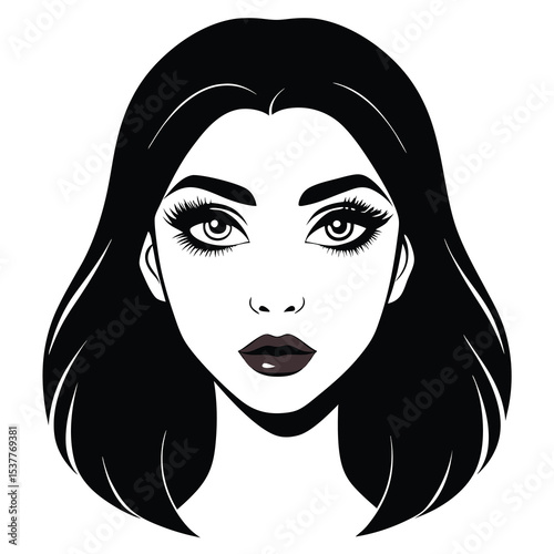Beautiful woman with long dark hair and dramatic makeup presented in simple black and white style.