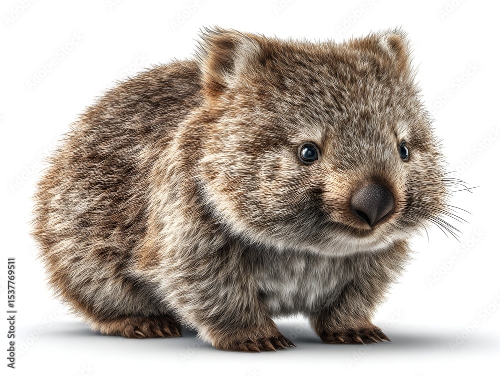 Fototapeta premium A fluffy brown wombat joey stands on a white background looking forward with its small black eyes now.