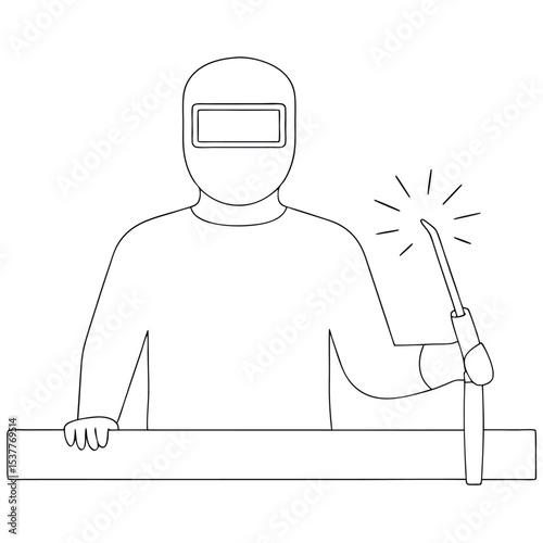 Simple line art illustration of a welder working with welding torch and sparks.