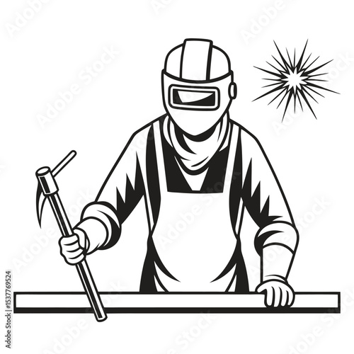 Illustration of a welder in protective gear working with metal and spatter effect.
