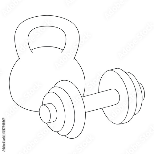 Simple outlined illustration of a kettlebell and dumbbell showing workout and fitness concepts for exercise.