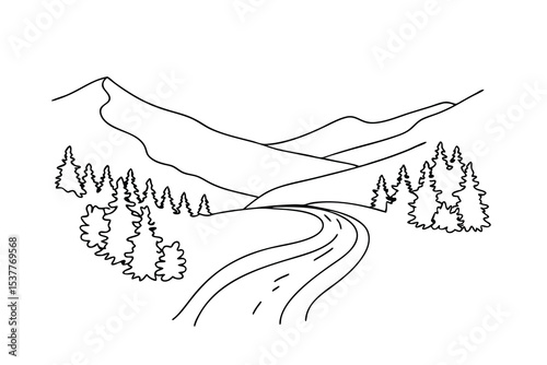 Minimalist black and white illustration of a winding road through mountainous landscape