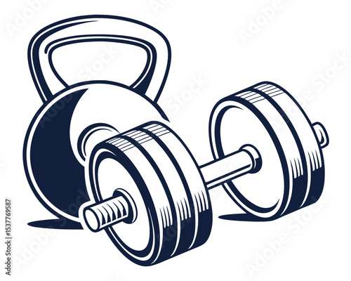 Vector illustration of kettlebell and dumbbell representing fitness and strength training. kettlebell, dumbbell, weights, workout, exercise, gym, fitness.