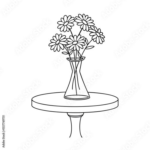 Simple line art illustration of daisies in a vase placed on a table